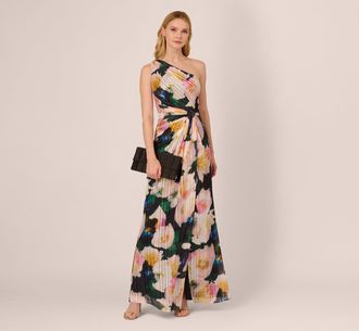 Adrianna Papell Floral Print Chiffon Gown With One Shoulder Neckline In Black Blush Multi
