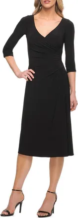La Femme Chic Tea Length Jersey Dress with Ruching in Black at Nordstrom, Size 12