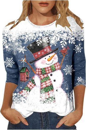 Generic Christmas T Shirts for Women UK Ladies Christmas Tops Crewneck Xmas Tops 3/4 Sleeve Tshirt Graphic Tees Dressy Shirts Santa Elk Snowflake Print Blouse