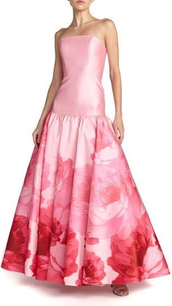 Mac Duggal Printed Mikado Strapless Drop Waist Ballgown in Blush Multi at Nordstrom, Size 10