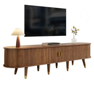 STILVORA Mueble De Tv Con Puerta Corredera De Rat&aacute;n, 2 Cajones Y Huecos Abiertos, Estilo R&uacute;stico, En Mdf, 175&times;38&times;45 Cm, Nogal
