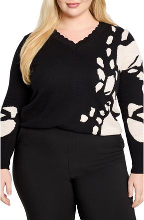 Nic+Zoe Evening Petal Scallop V-Neck Sweater in Black Multi at Nordstrom Rack, Size 2X