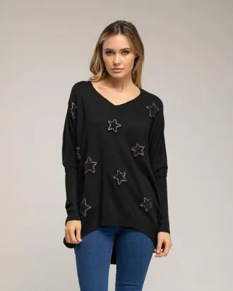 Tantra Oversized lange gebreide trui met opgetikte stoffen sterren met strass