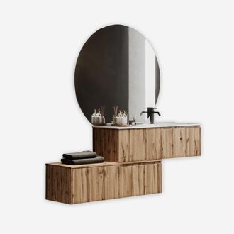 Aqa Mobile Bagno Sospeso Con Specchio Led Tondo E Lavabo Venere Dx - Rovere
