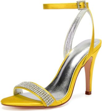 Generic Wedding Bridal Shoes Womens Satin Ankle Strap Bridal Open Toe Prom Party Dress Stiletto Sandals 10.5,Yellow,10 UK