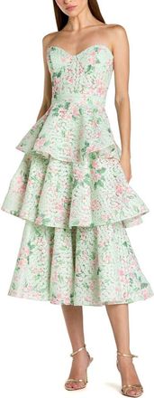 Mac Duggal Floral Net Strapless Tiered Ruffle Midi Dress in Mint Multi at Nordstrom, Size 14