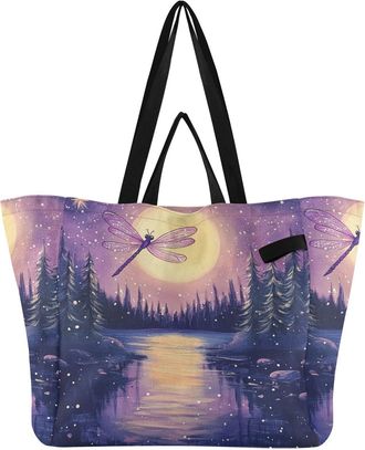 Generic Purple Dragonfly Moon pattern Reusable Canvas Tote Bag, Heavy Duty Grocery Shopping Bag with Large Capacity Double Handles Hard Bottom Work Groceries 