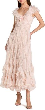 Mac Duggal Micro Ruffle Cap Sleeve A-Line Midi Dress in Blush at Nordstrom, Size 12