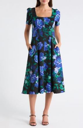Julia Jordan Floral Short Sleeve A-Line Midi Dress in Blue/Green at Nordstrom Rack, Size 10