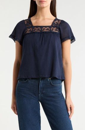 Lucky Brand Lace Mesh Detail Square Neck Cotton Top in Spellbound at Nordstrom, Size X-Large