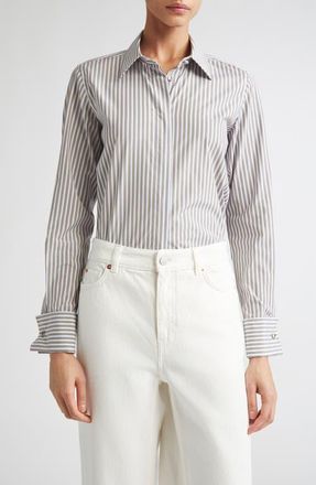 Max Mara Risors Stripe Stretch Poplin Button-Up Shirt in Hazelnut Brown at Nordstrom, Size 16
