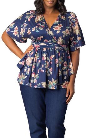 Kiyonna Encore Print Faux Wrap Top in Navy Floral Motif at Nordstrom, Size 5X