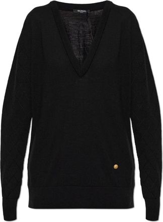 Balmain Wollen V-hals trui - Dames - V-hals truien - Zwart - XS - Wol - Truien & Vesten