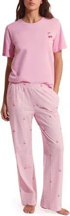 Etam Bonnie Cherry Print Cotton Pajama Top & Pants Set in Candy-Pink at Nordstrom, Size X-Large