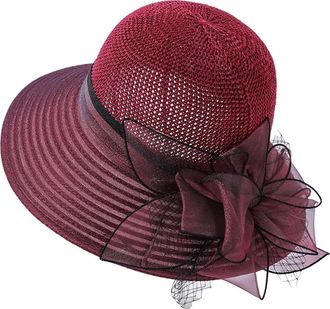 Generic Small Hat Women Hat Bridal Wedding Church Tea Wide Brim Summer Sun Cap Drunk (Wine, One Size)