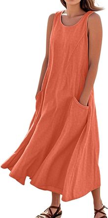 Generic Ladies Dresses Size 16 Midi Length Summer Cotton Linen Solid Color Crew Neck Sleeveless Dresses Tunic Tank Dress with Pockets Phase Eight Dress (Ginge