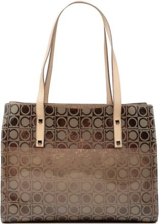 Ferragamo Beige Brown Vinyl Leather Shoulder Bag Tote Bag (Pre-Owned)