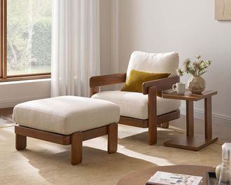 Castlery Eden Armchair with Ottoman, Performance Anderson Cream, Solid Mahogany Wood, Cream Color, Castlery