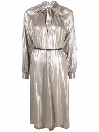 Fabiana Filippi metallic pussy-bow collar dress - women - Viscose/Leather - 44 - Grey