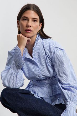 Karen Millen Womens Cotton Poplin Stripe Tiered Ruffle Detail Long Sleeve Woven Blouse - Blue - Size 12 UK
