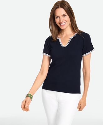 Talbots Plus Petite - Whipstitch Short Sleeve Top - Blue - 1X Talbots