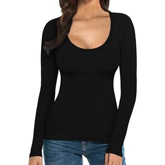 Generic Long Sleeve Tops Women Stretchy Topss Slim Fit Casual T Shirts Scoop Neck Y2K Crop Tops Ladies Basic Club Party Streetwear (Black, XL)