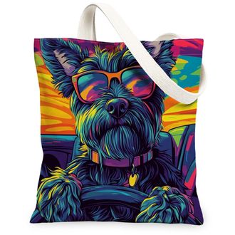Generic Scottish Terrier Dog Canvas Tote Bag for Shopping 13x15, Pop Aesthetic Funky Puppy Reusable Grocery Print Pattern Bag for Women, Cool Pet Beach Aesthe