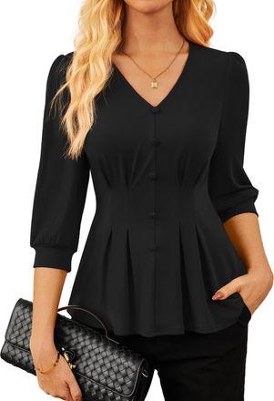 Grace Karin Womens Pleated V-Neck Blouse with 3/4 Sleeves Solid Color Casual Work T-Shirt with Decorative Buttons Black XL