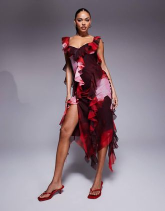 Asos asymmetric layered midi dress with tie neck in abstract print-Multi