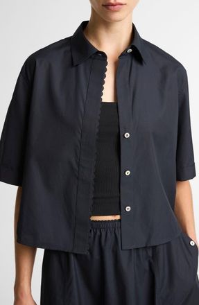 Vince Scallop Detail Short Sleeve Cotton Button-Up Shirt in Eclipse at Nordstrom, Size Xx-Small