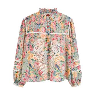 Farm Rio FARM Rio, Shirts, female, Multicolor, Size: XS Cutwork Long Sleeve Blouse