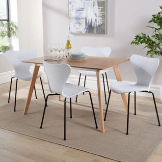 Home Source Industries Home Source - Dining Table Set 120cm Veneer Top Beech Legs 4 Curved White Plastic Metal Chairs