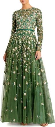 Mac Duggal Petite Embellished High Neck Long Sleeve A-Line Gown in Sage at Nordstrom, Size 10
