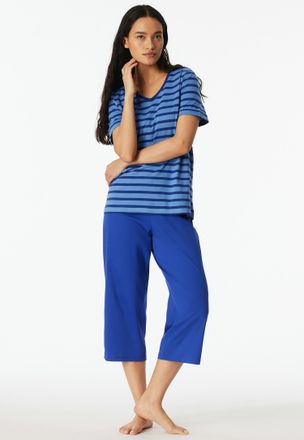 Schiesser Schlafanzug SCHIESSER Casual Essentials, Damen, Gr. 36, 819, blau, Single Jersey, Obermaterial: 100% Baumwolle, regular fit 3/4-L&auml;nge, V-Ausschnitt, H
