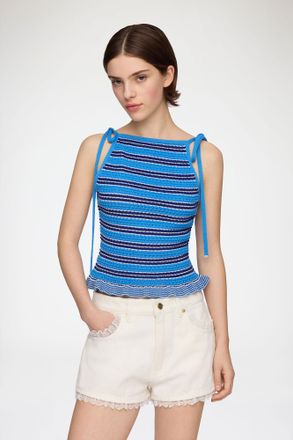 Ganni Navy Top in Striped Pointelle - Size XXS Organic Cotton