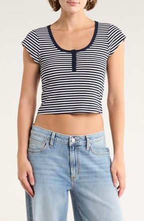 Abound Short Sleeve Crop Ribbed Henley in Navy- White Stripe at Nordstrom Rack, Size X-Small