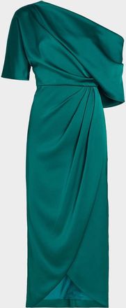 Theia Rayna Draped One-Shoulder High-Low Gown