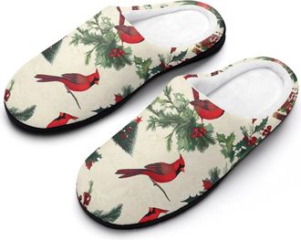 Generic Cardinal Birds Christmas Holly Mens Slippers Slip On Comfortable Fleece Cotton House Shoes Winter