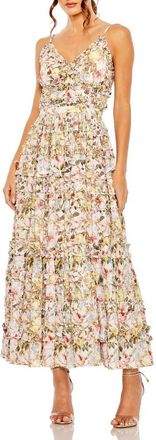 Mac Duggal Womens Floral Print Tiered Ruffle Midi Dress in Ivory Multi at Nordstrom, Size 10