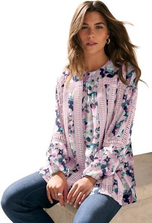 Roaman's Lace-Trim Blouson-Sleeve Top in Soft Blush Watercolor at Nordstrom, Size 16