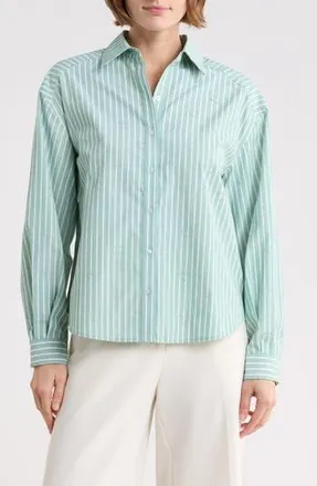 Nanette Lepore Stripe Embellished Button-Up Shirt in Shamrock Green Stripe Heart at Nordstrom Rack, Size X-Large