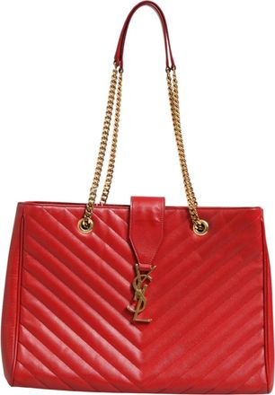 Saint Laurent Red Chevron Quilted Grained Leather Monogram Tote Womens Bag (Pre-Owned)