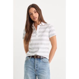 Good American Womens The Easy Polo | Summer Stripe Grey, Size Medium | Good American by Khlo&Egrave; Kardashian