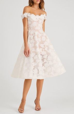 Helsi Valentina Floral Appliqu&eacute; Off the Shoulder Cocktail Midi Dress in Off White at Nordstrom, Size X-Small