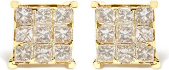 House of Brilliance 14K Yellow Gold 1 1/2 Cttw Invisible Set Princess-Cut Diamond 9 Stone Square Stud Earrings
