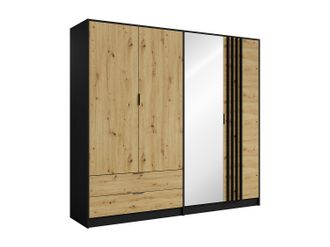 Vente-Unique Armario 4 puertas y 2 cajones - Con espejo - L220 cm - Color: Negro y natural - TUNALO