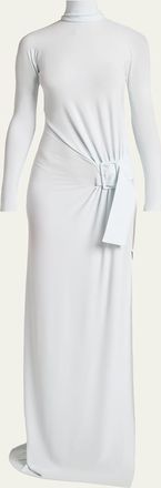 Courr&egrave;ges Turtleneck Belted Crepe Jersey Maxi Dress