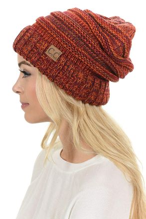 C.C Hat-100 Oversized Baggy Slouch Thick Warm Cap Hat Skully Cable Knit Beanie - orange - One Size
