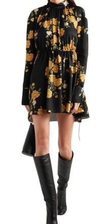 Magda Butrym Black Yellow Florals Silk Mini Dress Size XS