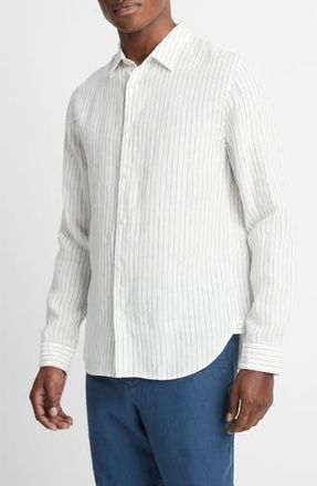Vince Bayside Stripe Linen Button-Up Shirt in Optic White/Deep Indigo at Nordstrom Rack, Size Large